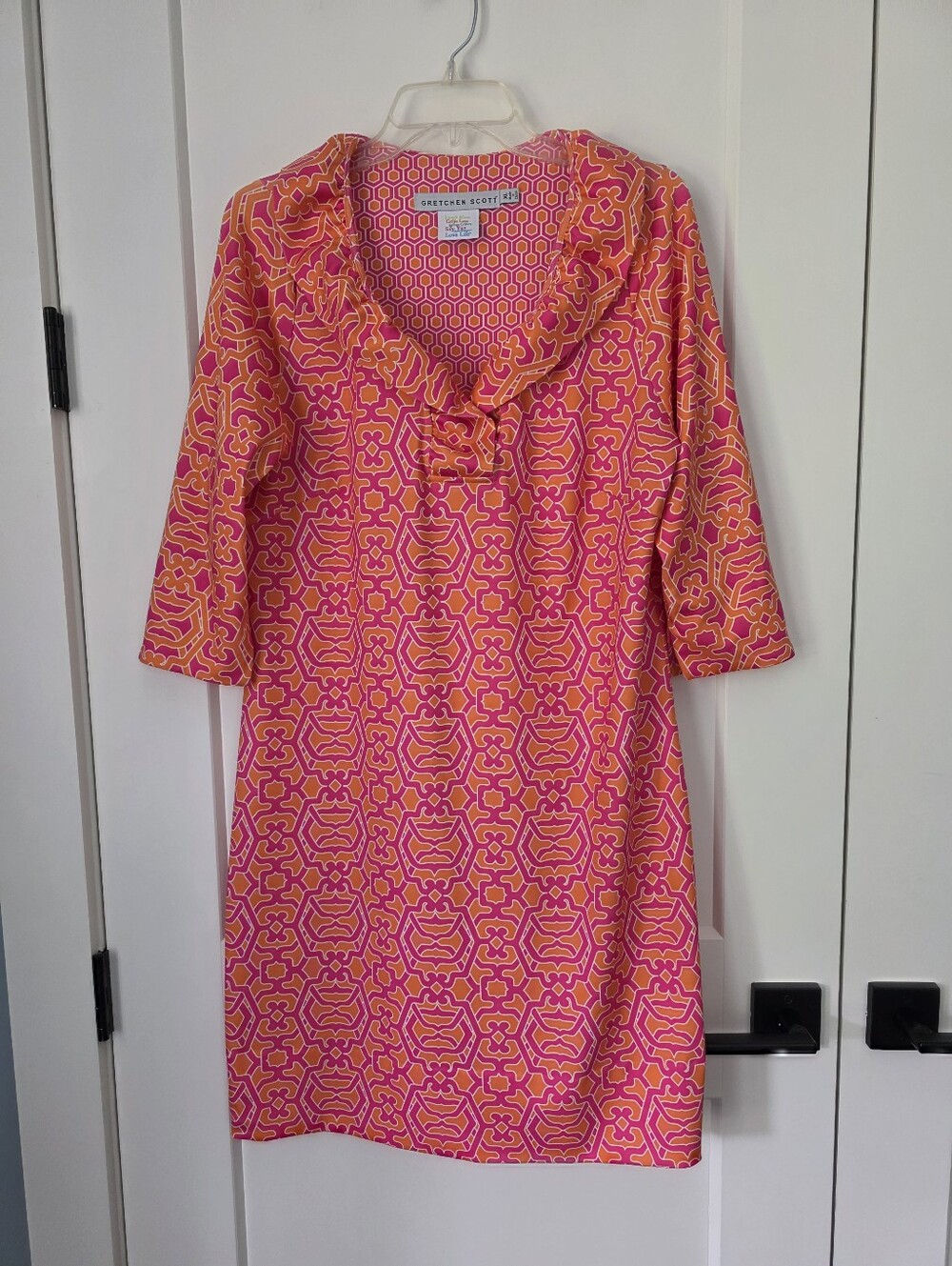 Gretchen Scott Ruffle Neck In Rio Grace Pink and Orange Patterned Dress - Picture 2 of 16